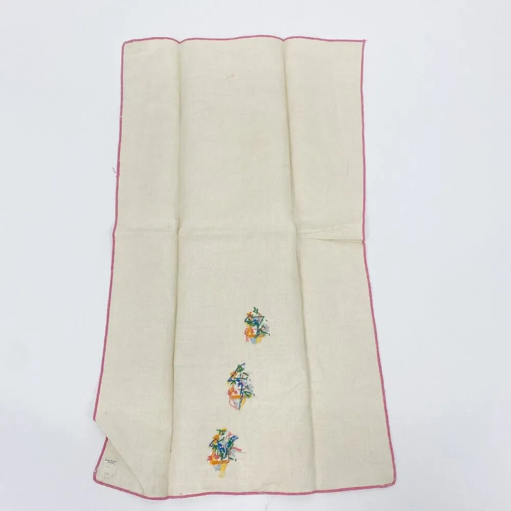 Vintage Linen Napkins Lot of 4 Floral Embroidered Ivory Red Pink